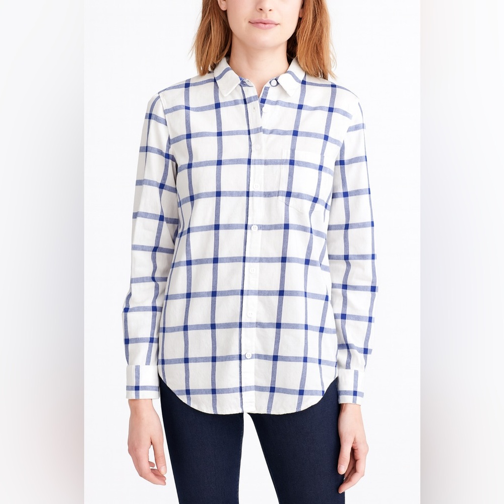 J.Crew Boy Fit Plaid Button Down Shirt Blue White Check Petite L